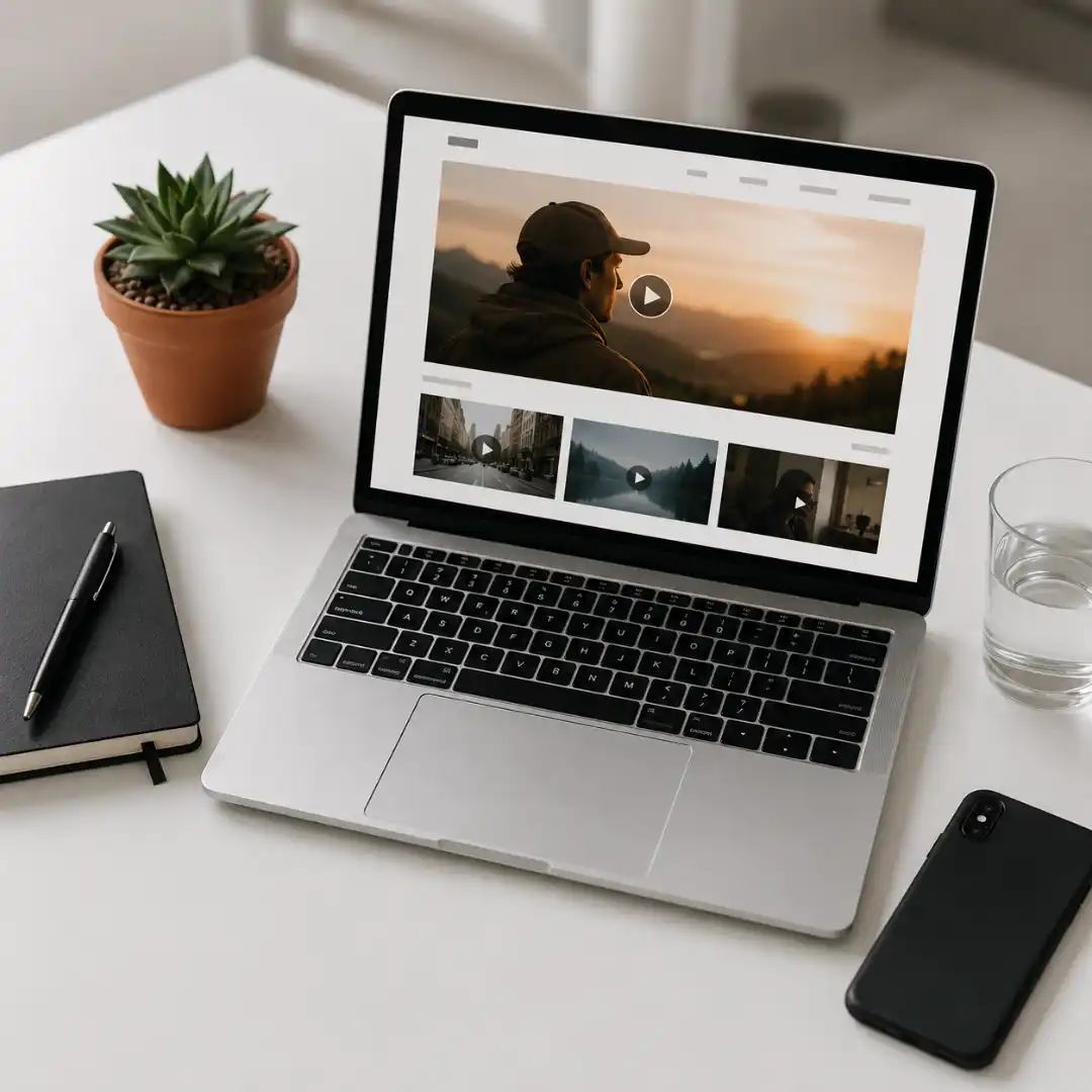 Laptop on a clean desk showing a freelance video editor's portfolio website with a hero showreel and project thumbnails.