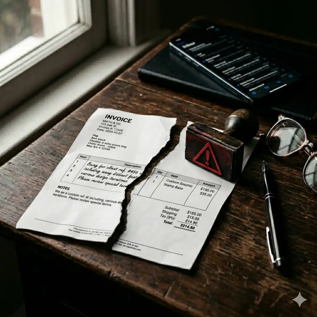 Torn freelance invoice on a desk symbolizing pricing mistakes that cost income