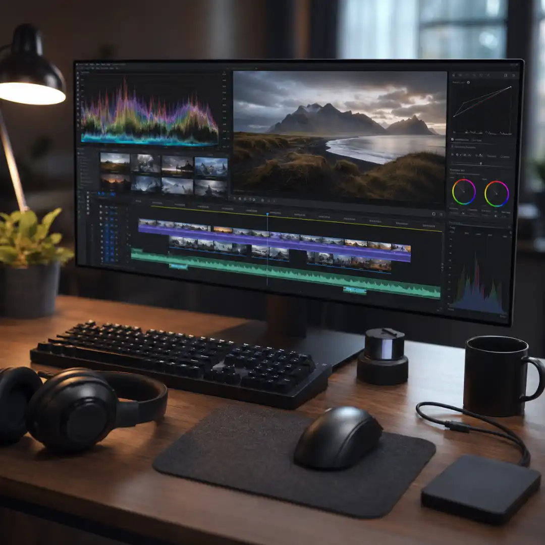 Close-up of a freelance video editor's workstation showing editing timeline on monitor, mechanical keyboard, headphones, and external SSD.