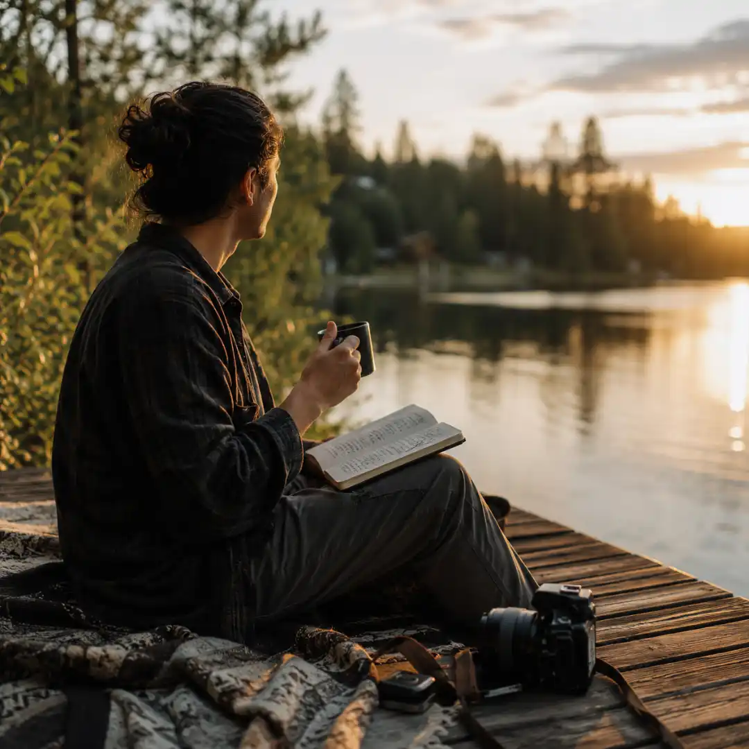 Freelance video editor taking a break outdoors with a journal and coffee at golden hour.