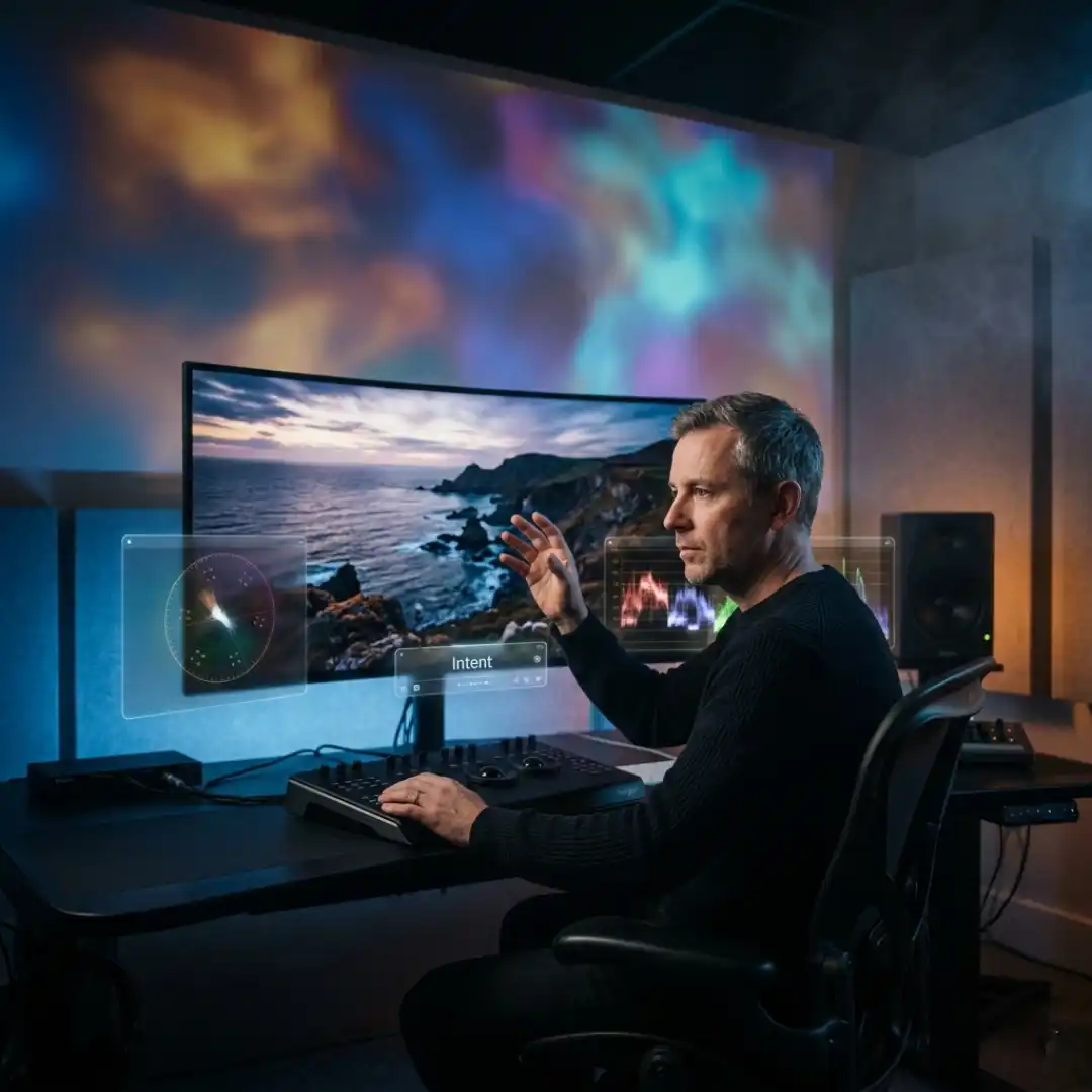 Future colorist directing an AI assisted grading suite with holographic interface panels