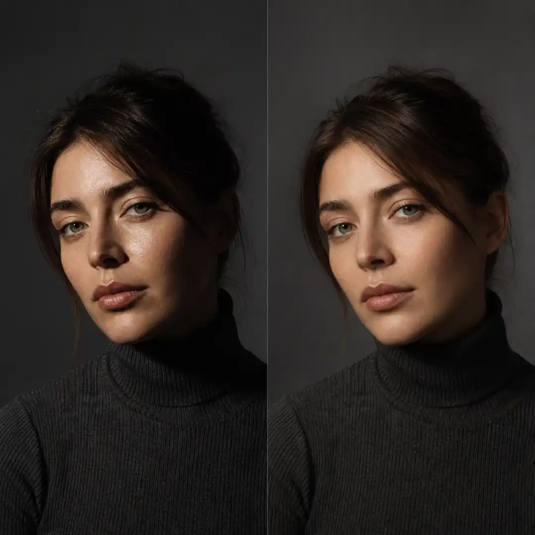 Hard light versus soft light comparison portrait showing different shadow quality on the same subject.