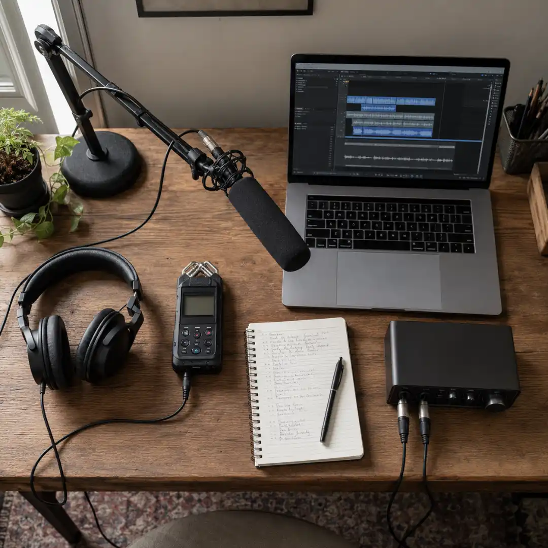 Overhead view of a budget home foley recording setup with a portable recorder, shotgun microphone, headphones, audio interface, and laptop.
