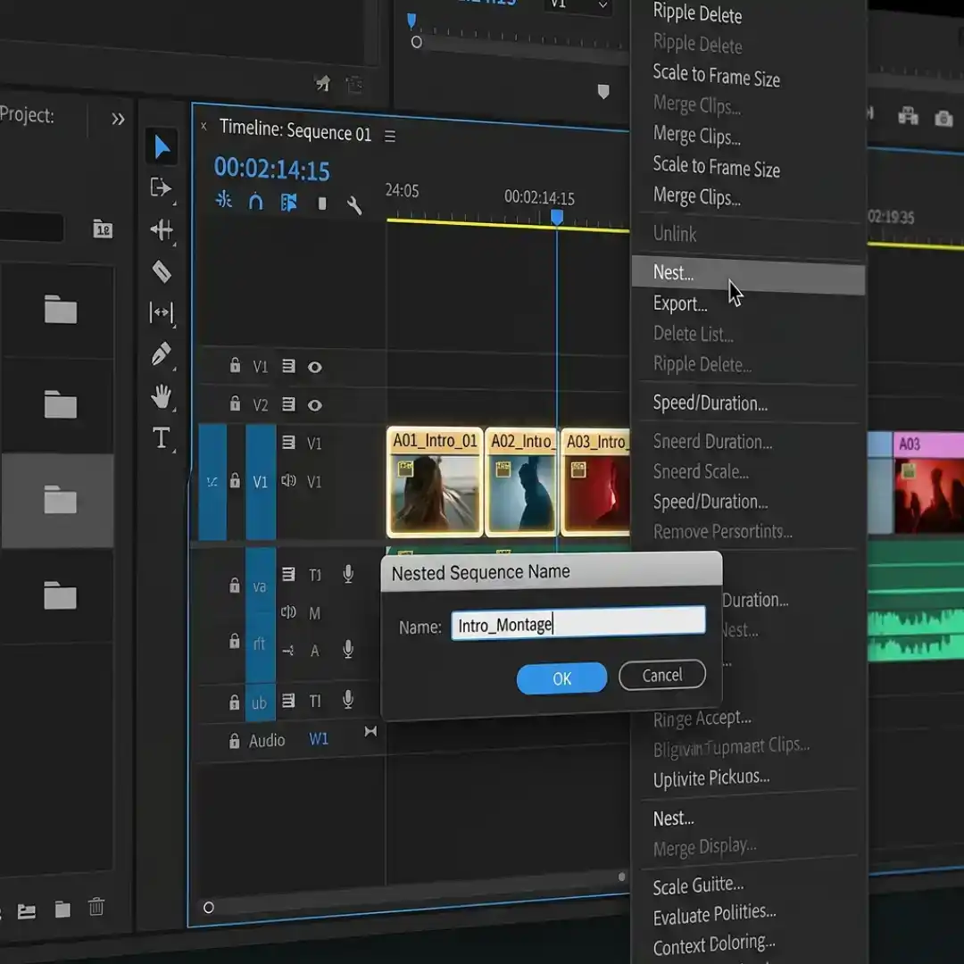 Premiere Pro right-click context menu with the Nest option highlighted and naming dialog visible