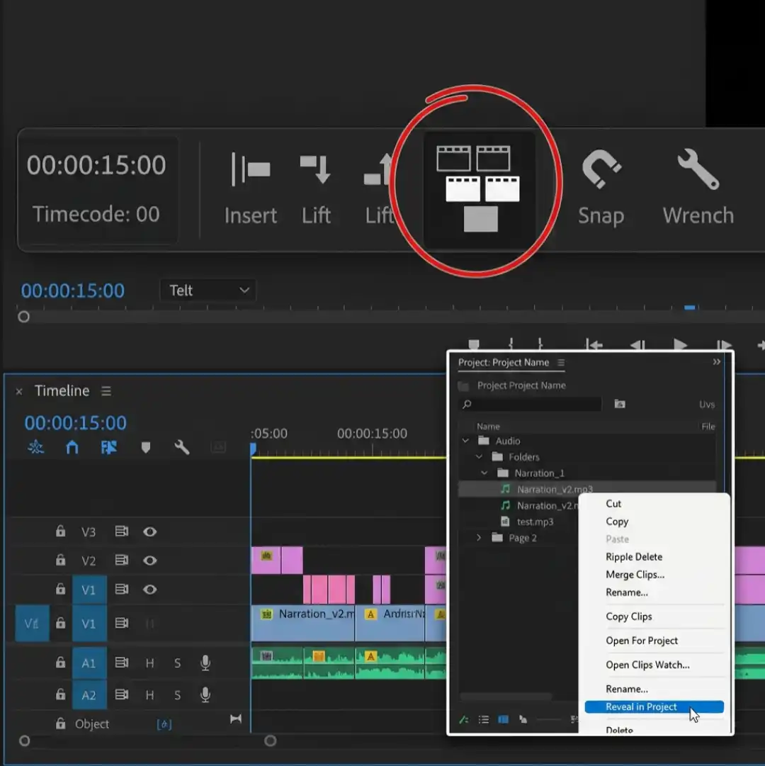 Premiere Pro Insert as Individual Clips toggle and Reveal in Project menu used to unnest a sequence