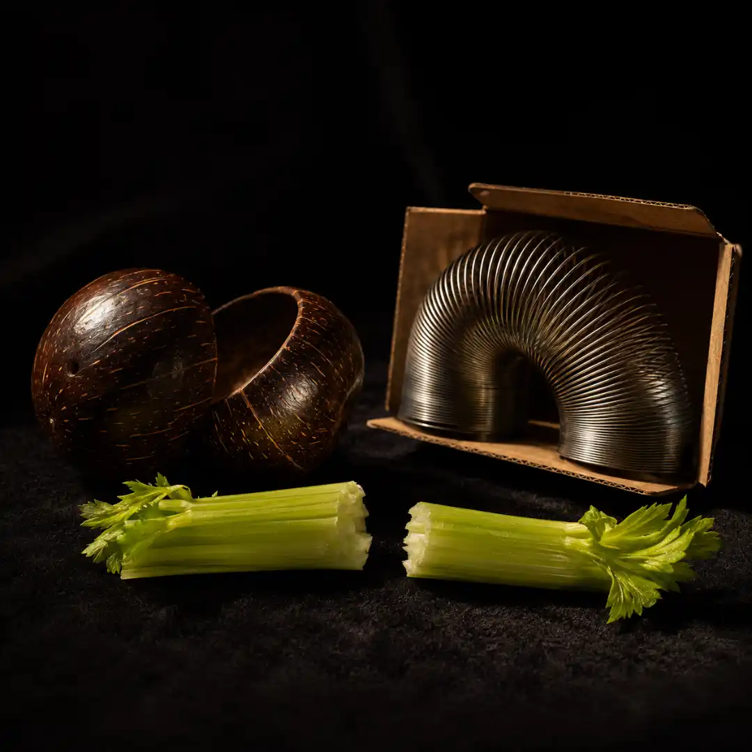 Three iconic foley props on a black background: polished coconut shells, a vintage Slinky inside an open cardboard box, and a snapped celery stalk.