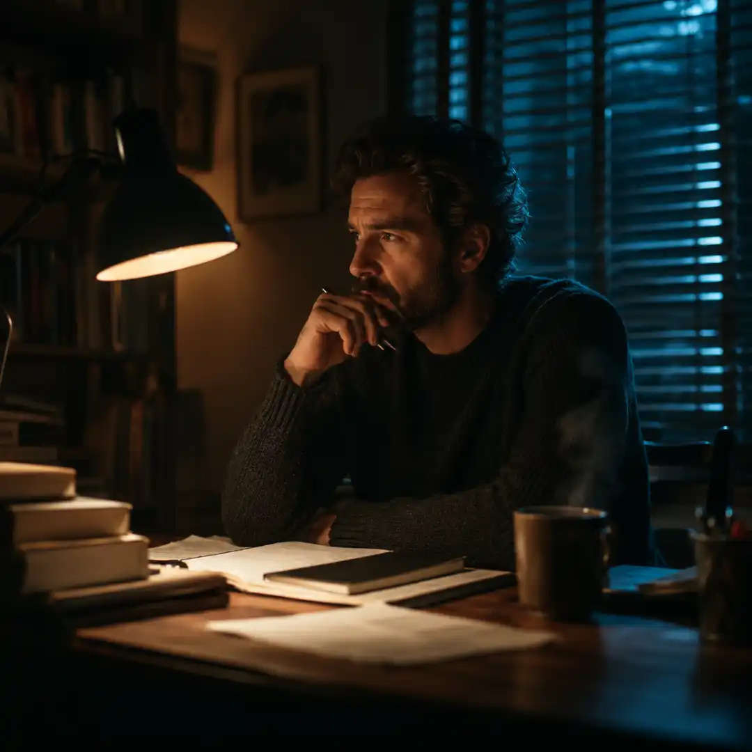 Cinematic scene of a man working at a desk, lit by a practical lamp motivating a warm key with cool moonlight rim from the window.