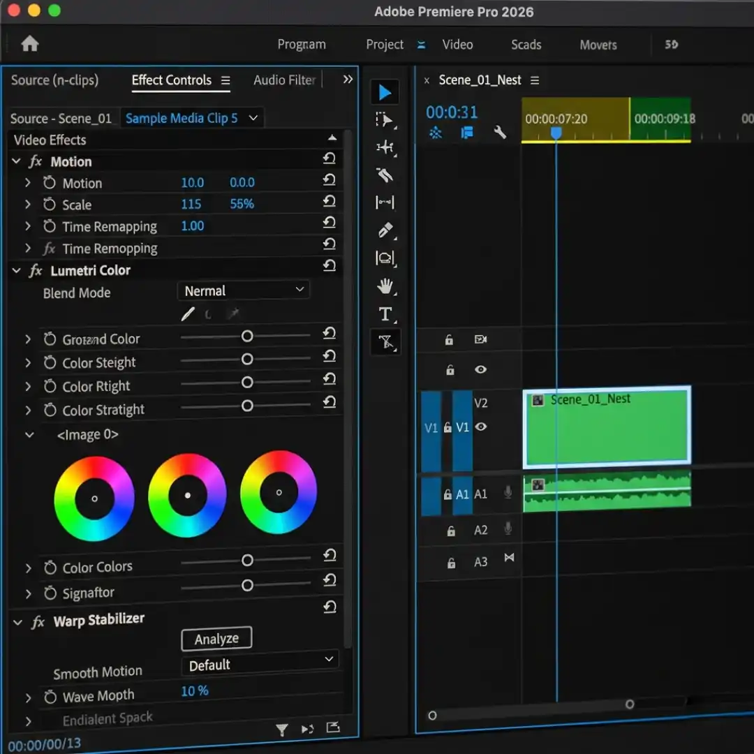 Premiere Pro Effect Controls panel showing multiple effects applied to a single nested sequence clip with render bar above the timeline