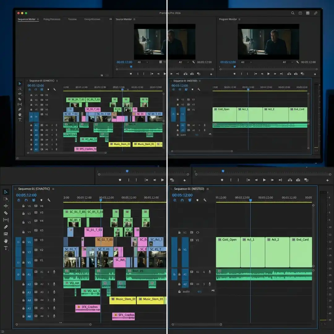 Side-by-side comparison of a cluttered Premiere Pro timeline versus the same edit organized into four green nested sequences