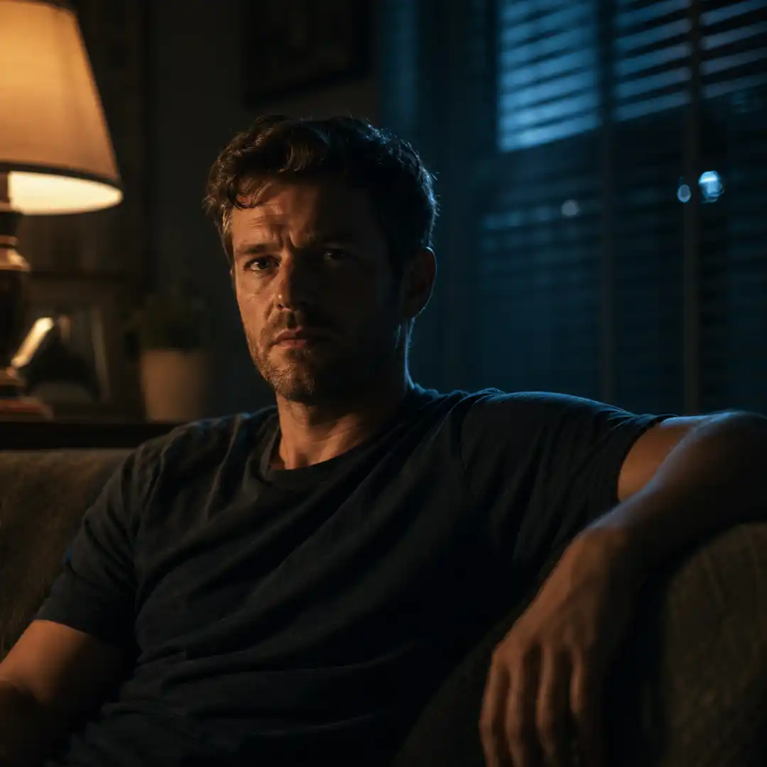 Cinematic nighttime interior scene with warm tungsten practical key and cool moonlight backlight through window blinds.