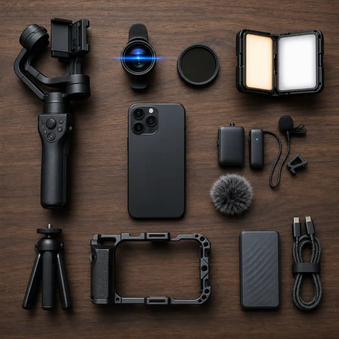 Overhead view of a mobile filmmaking kit, including a smartphone, handheld gimbal, anamorphic lens, ND filter, wireless lavalier microphone, mini tripod, LED light panel, portable SSD, and aluminum camera cage