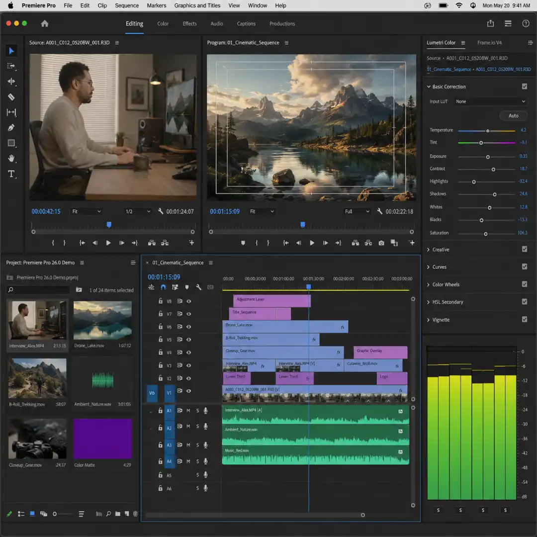 Adobe Premiere Pro 26.0 interface showing Lumetri Color, Source and Program monitors, and multi-track timeline