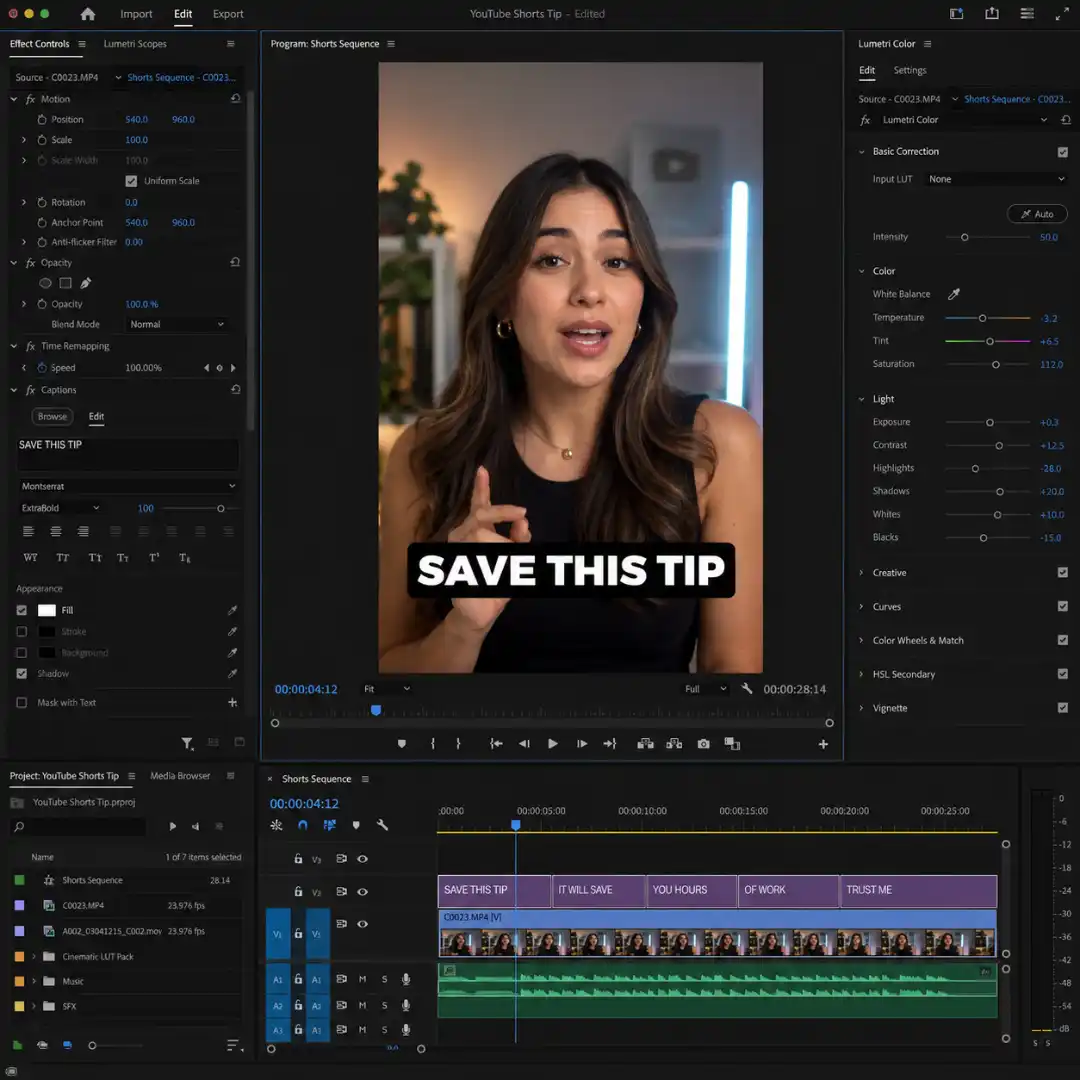 Animated captions added to a YouTube Short inside Premiere Pro 2026
