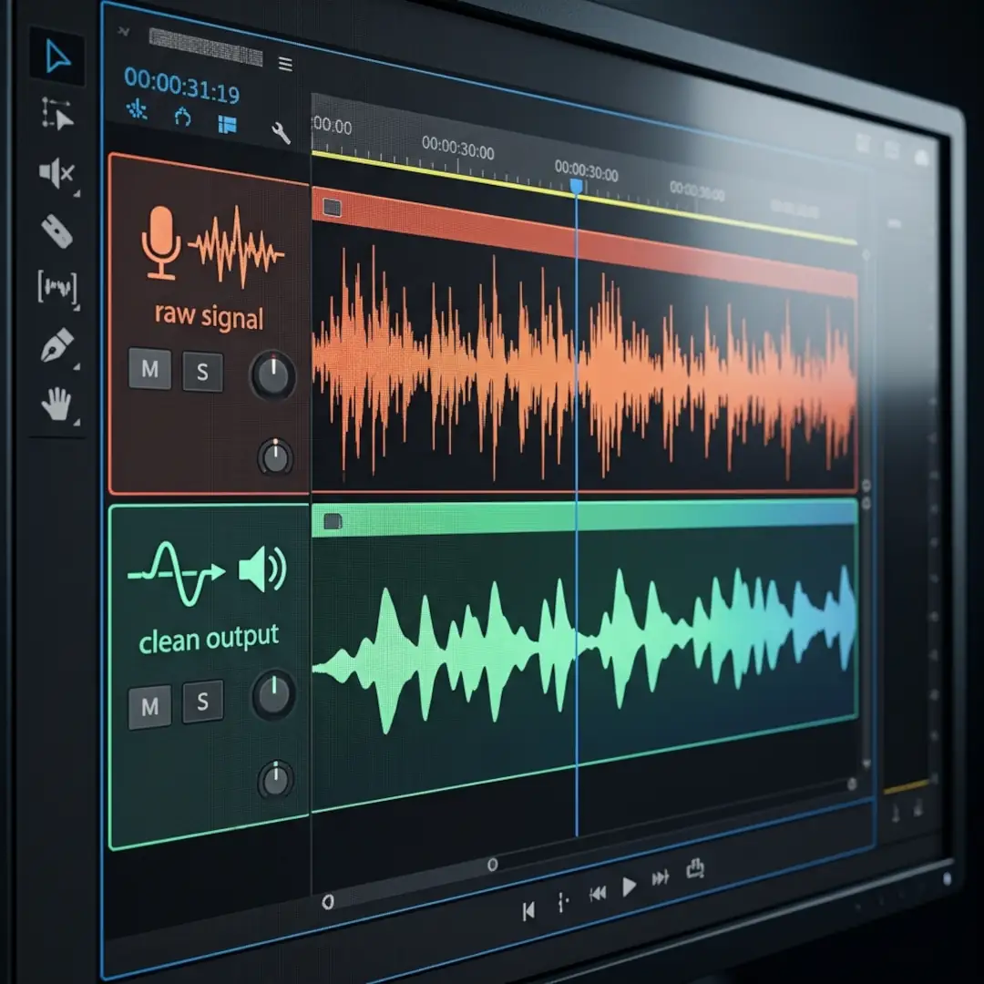 Before-and-after audio waveform comparison showing dialogue cleanup in Premiere Pro