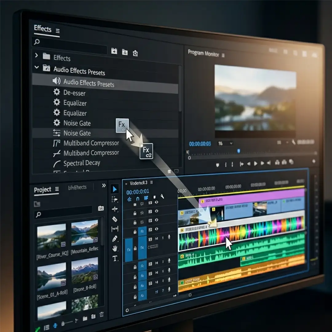 Applying an audio effect preset to a clip on the Premiere Pro timeline