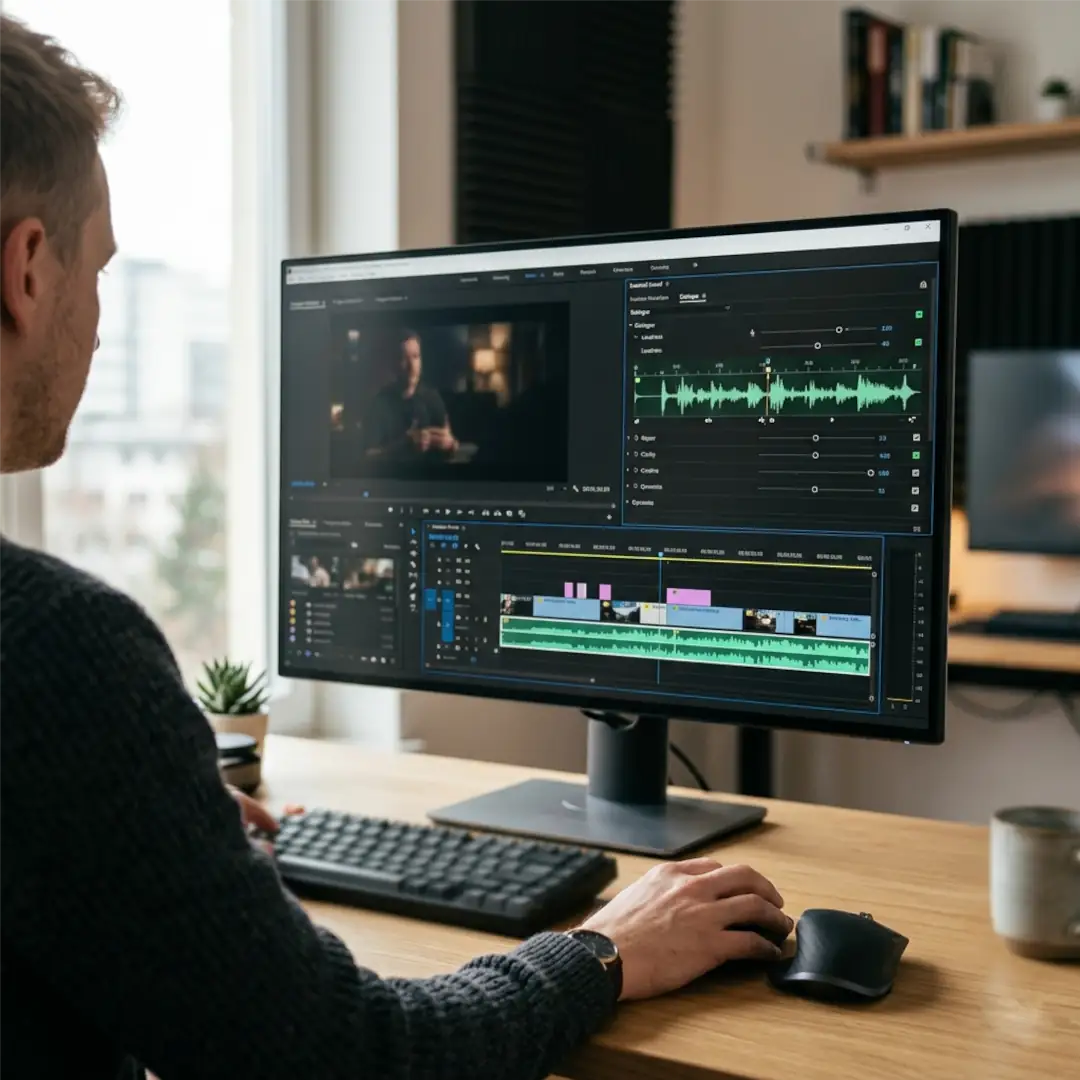 Editor using the Essential Sound panel in Premiere Pro to adjust dialogue audio