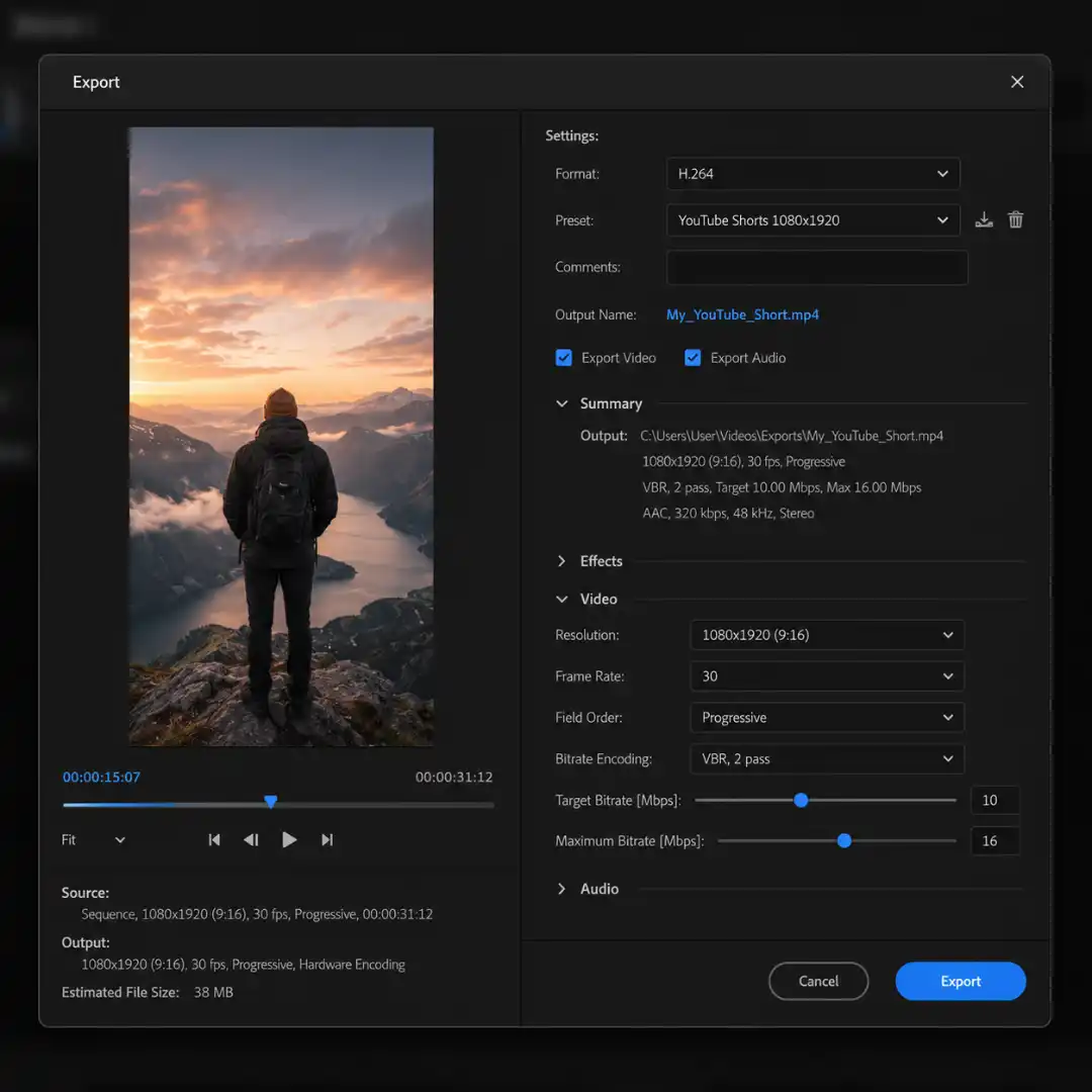 Best Premiere Pro export settings for YouTube Shorts in 2026 showing VBR 2 pass