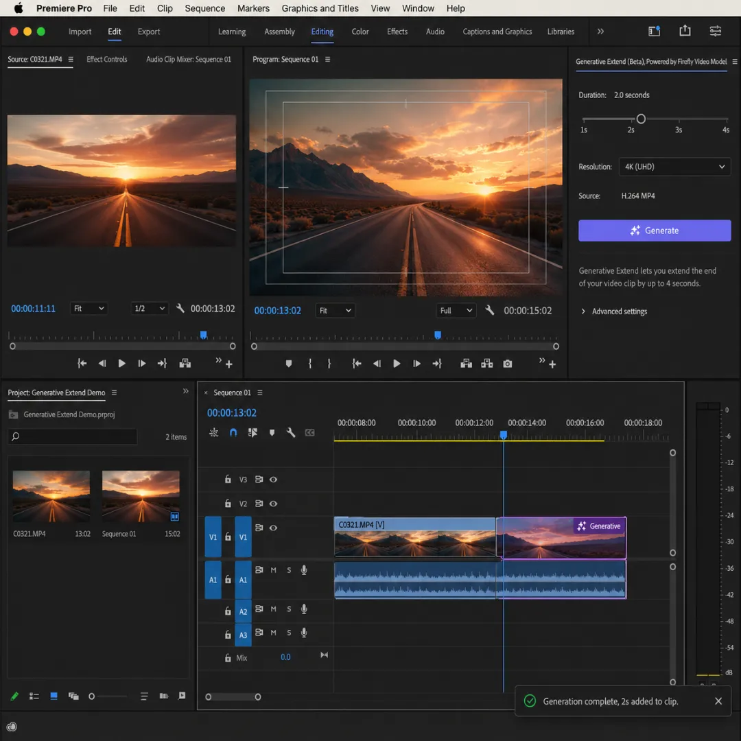 Adobe Premiere Pro 26.0 Generative Extend feature extending a clip by two seconds in 4K