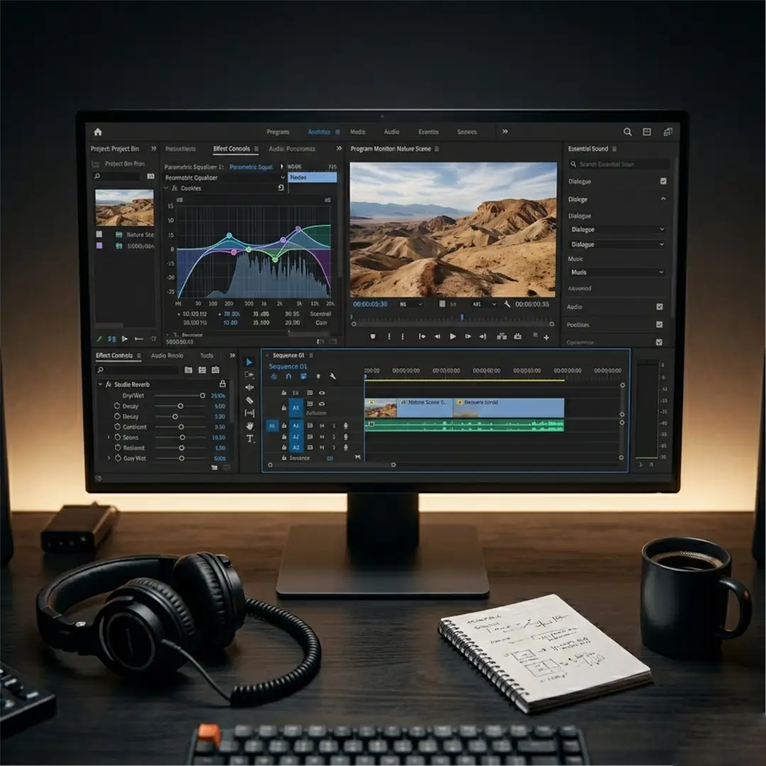 Third-party audio plugin interfaces such as EQ and reverb displayed on a video editor's monitor