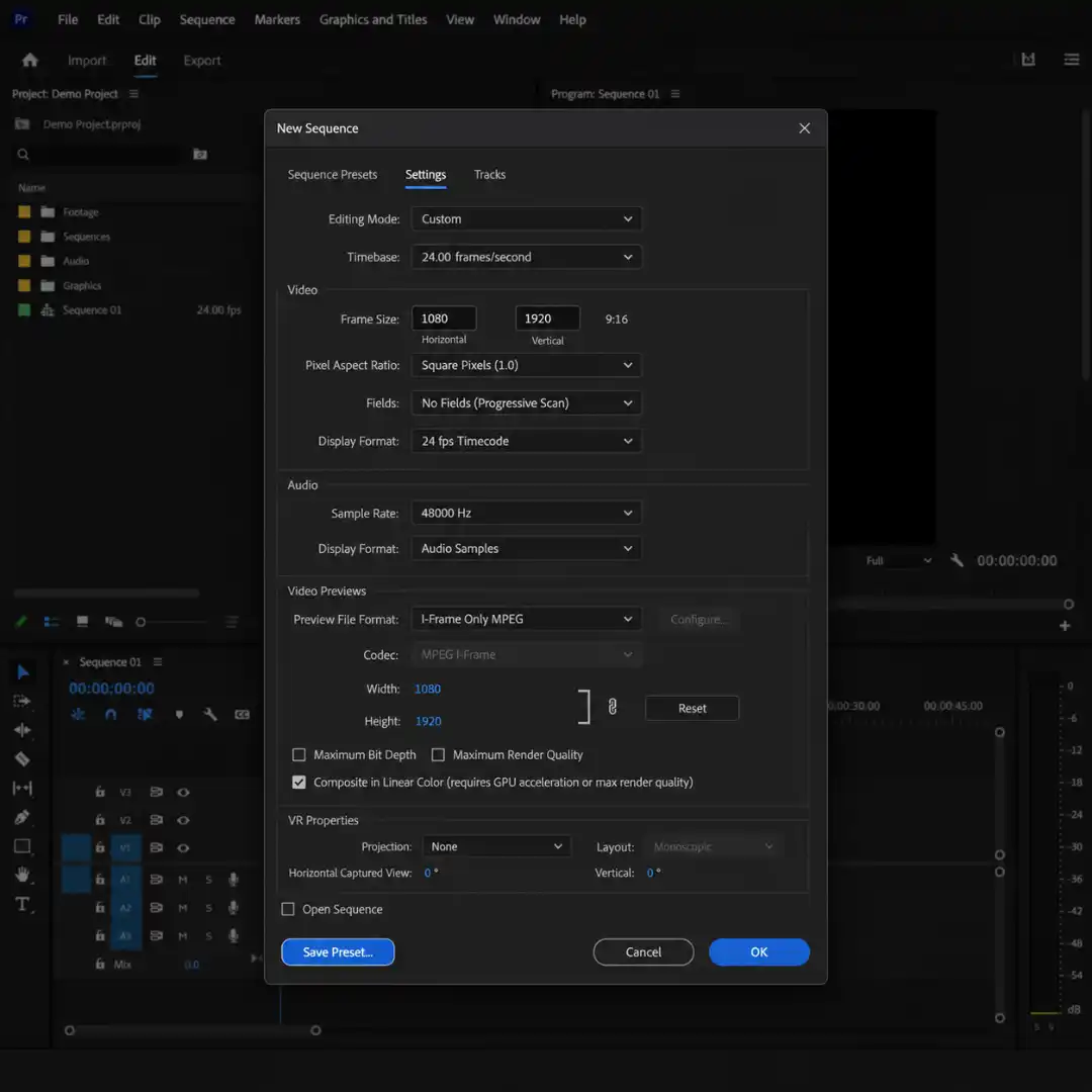 Premiere Pro New Sequence dialog set to 1080 x 1920 for YouTube Shorts