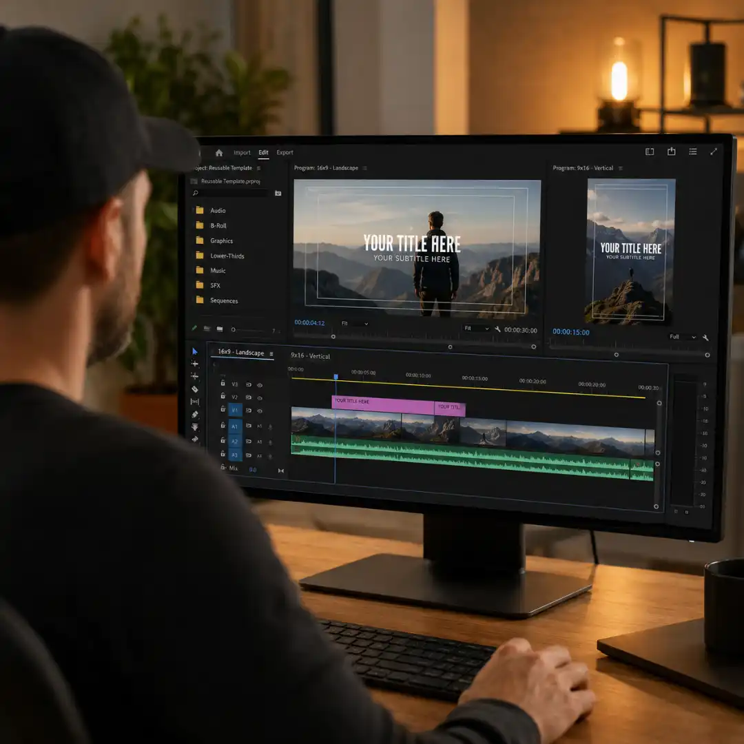 A reusable Premiere Pro template project for YouTube creators with organized bins and landscape and vertical sequences.