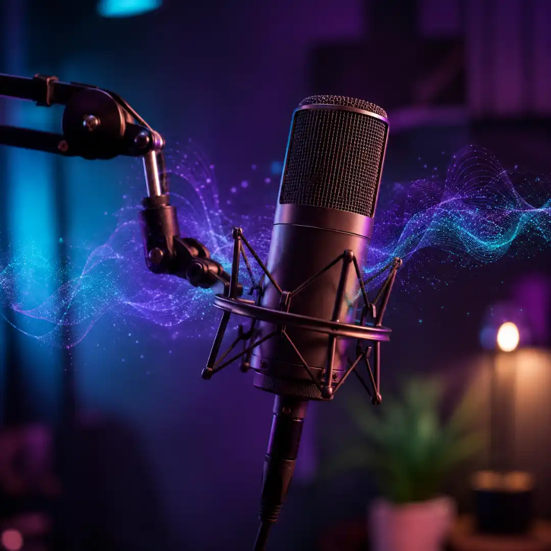 Studio microphone surrounded by a soft glowing waveform illustrating AI voice generation