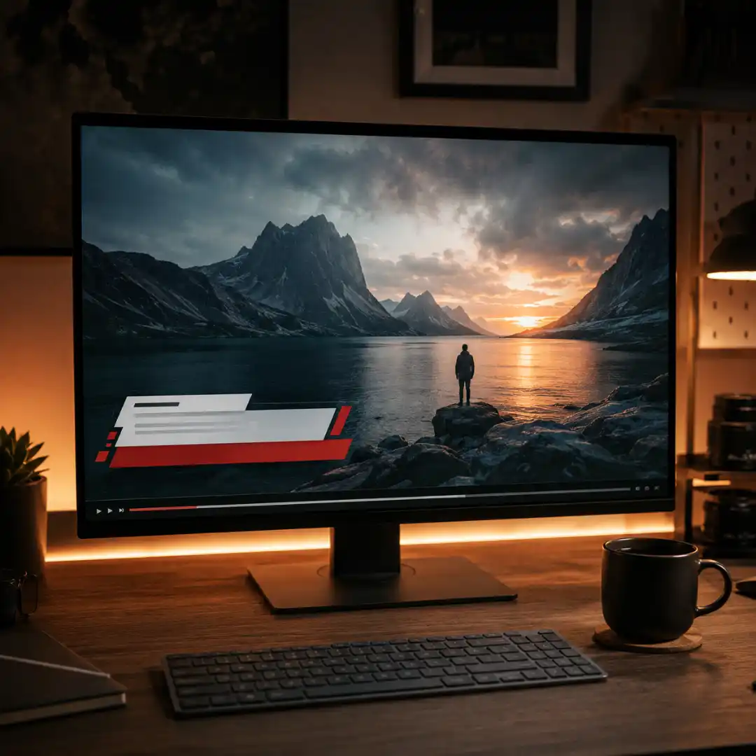 Editor's workspace with a monitor showing a polished cinematic clip with lower-third graphics