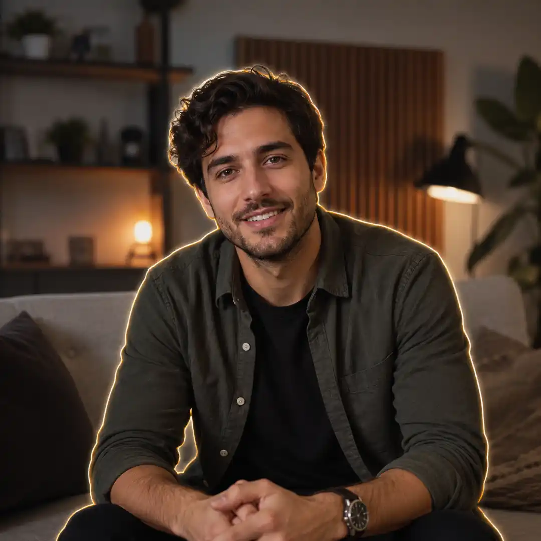 Creator on a couch with a soft glowing outline indicating AI background isolation