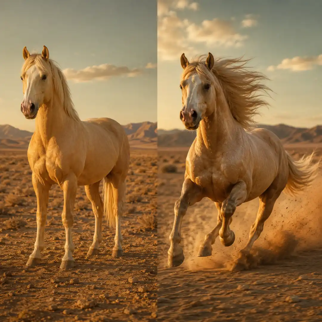 Side-by-side comparison of a still reference image and an AI-generated motion clip of a horse in a desert