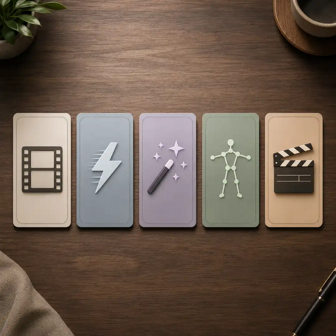 Five physical-looking cards on a desk representing different Runway AI video models