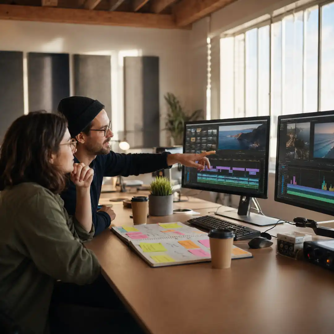 A small video editing studio with a freelance editor mentoring a junior editor at shared workstations.
