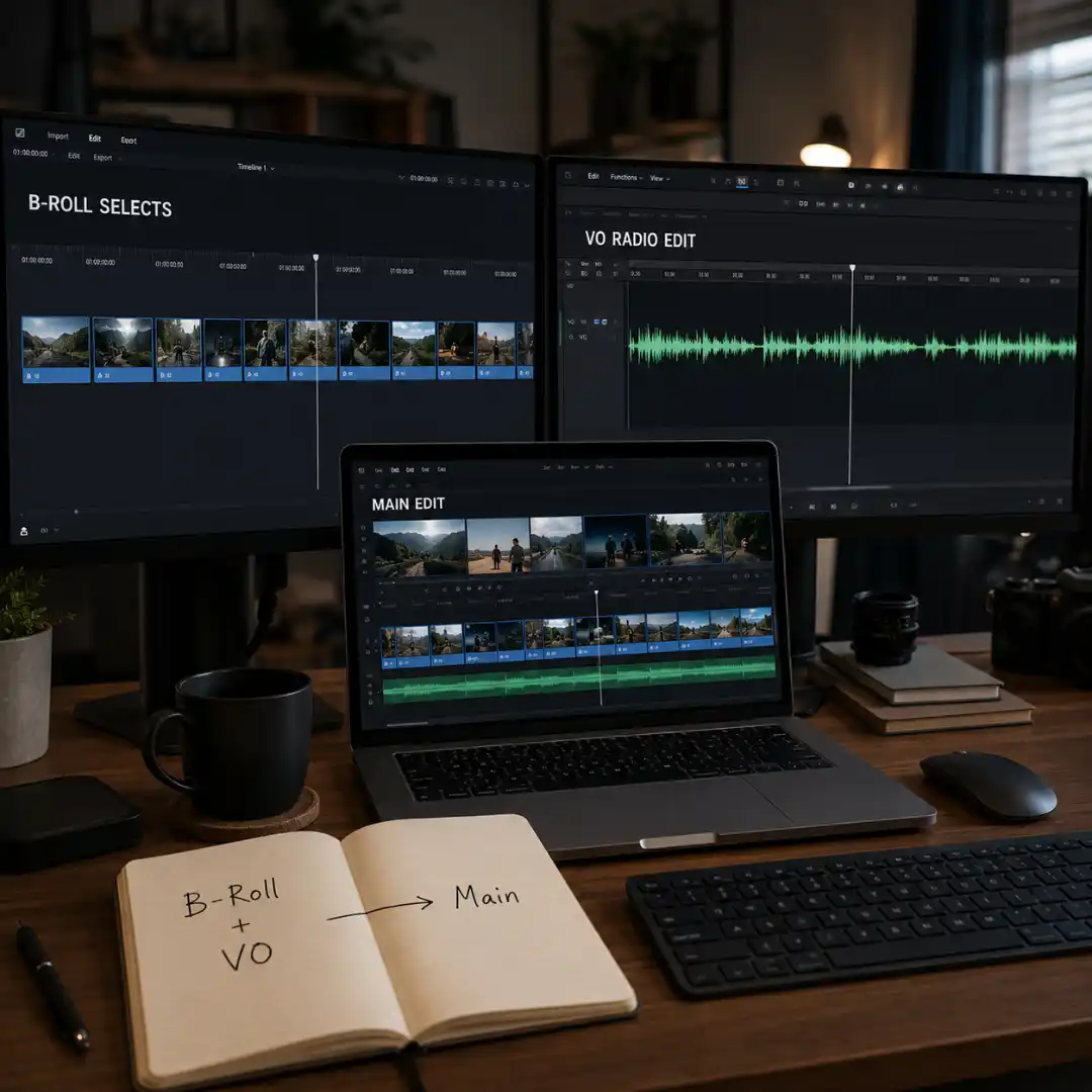 A split-system editing setup showing separate B-roll, voice-over radio edit, and main edit timelines across three screens.