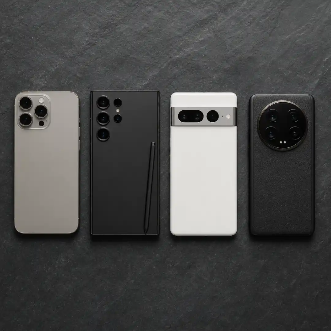Top-down view of four flagship smartphones in titanium, matte black, porcelain white, and textured leather finishes, arranged in a line on a charcoal slate surface.