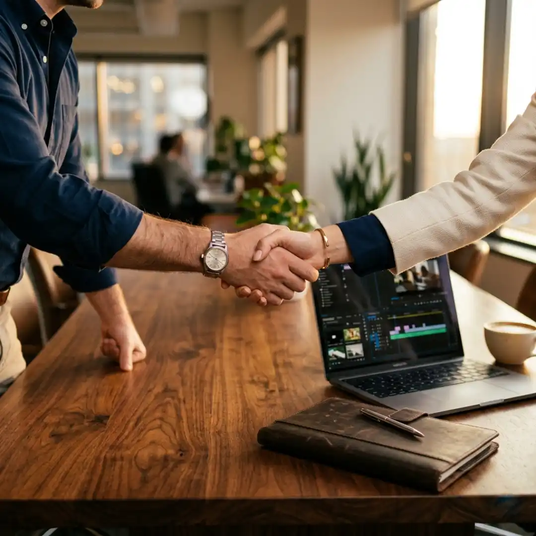 Two people shaking hands over a meeting table with editing laptop visible representing a value-based pricing deal