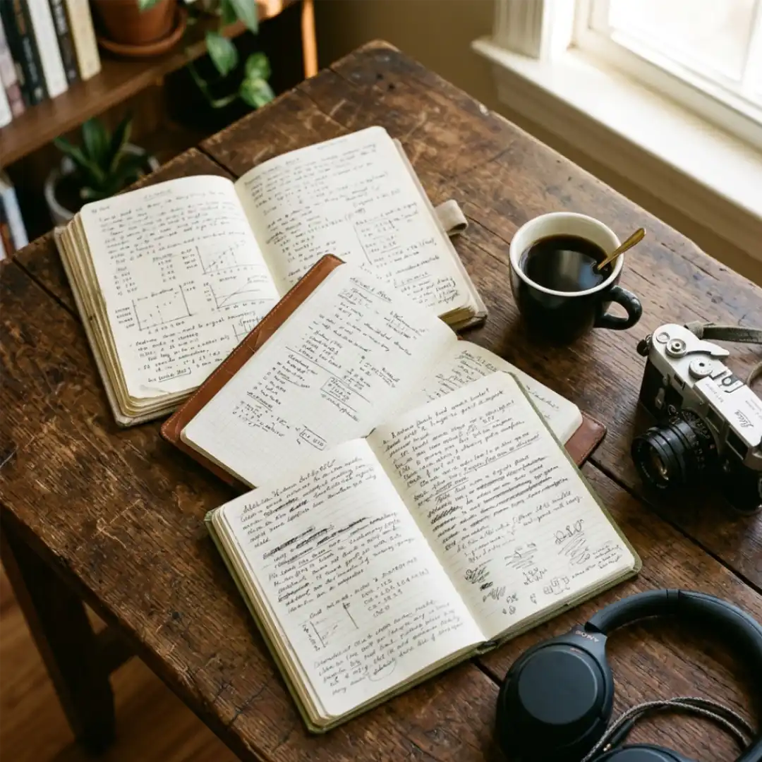 Three open notebooks with handwritten rate notes representing freelance video editor pricing case studies