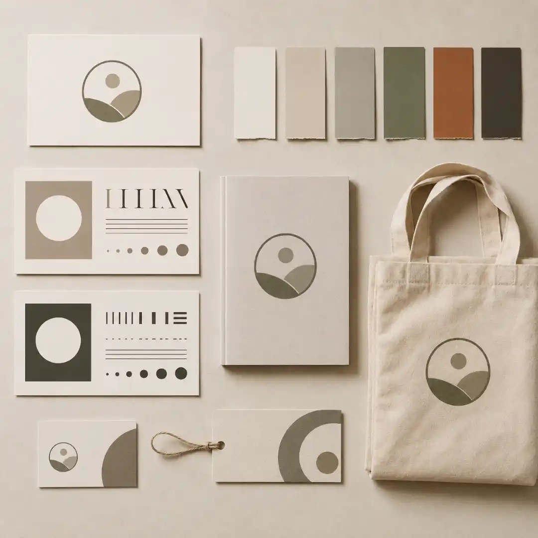 Flat lay of a complete brand identity system including logo, color swatches, typography, business card, label and tote bag