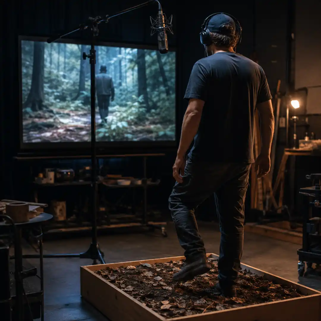 A foley artist performing footsteps on a wooden surface box while watching a film clip on a studio monitor.