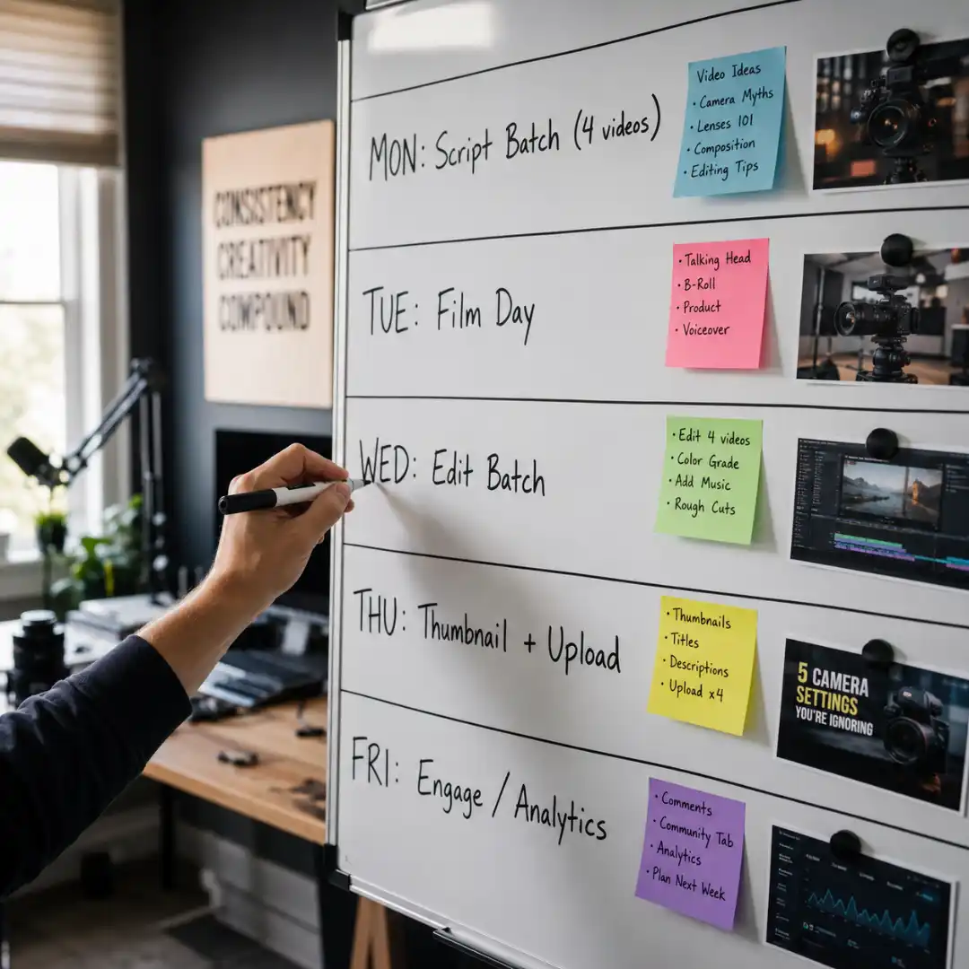A weekly content batching planner for a solo YouTube creator with separate days for scripting, filming, editing, and uploading.