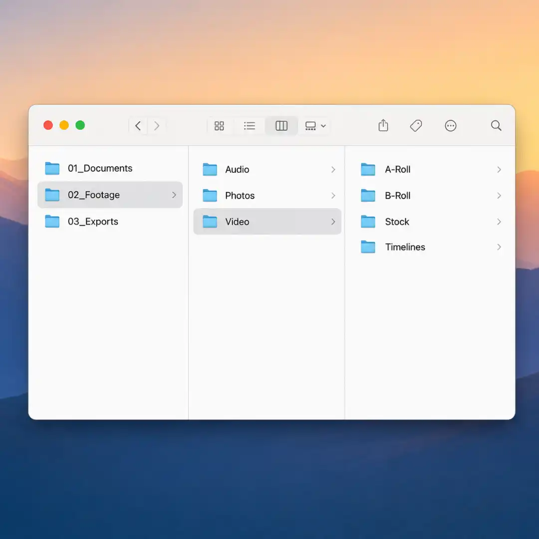A macOS Finder window showing an organized YouTube video editing folder structure with Documents, Footage, and Exports.