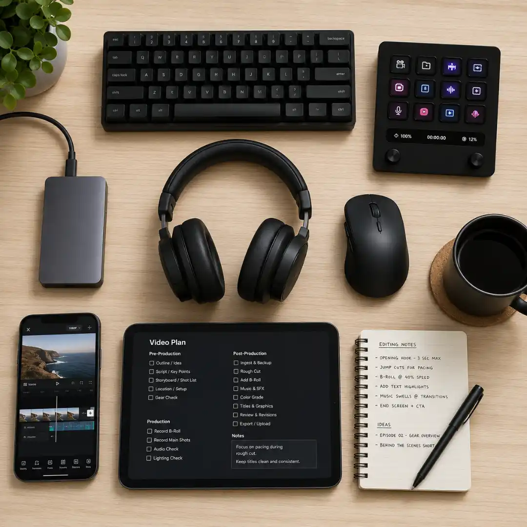 A flat lay of essential tools and gear for a streamlined YouTube video editing workflow including SSD, Stream Deck, headphones, and devices.
