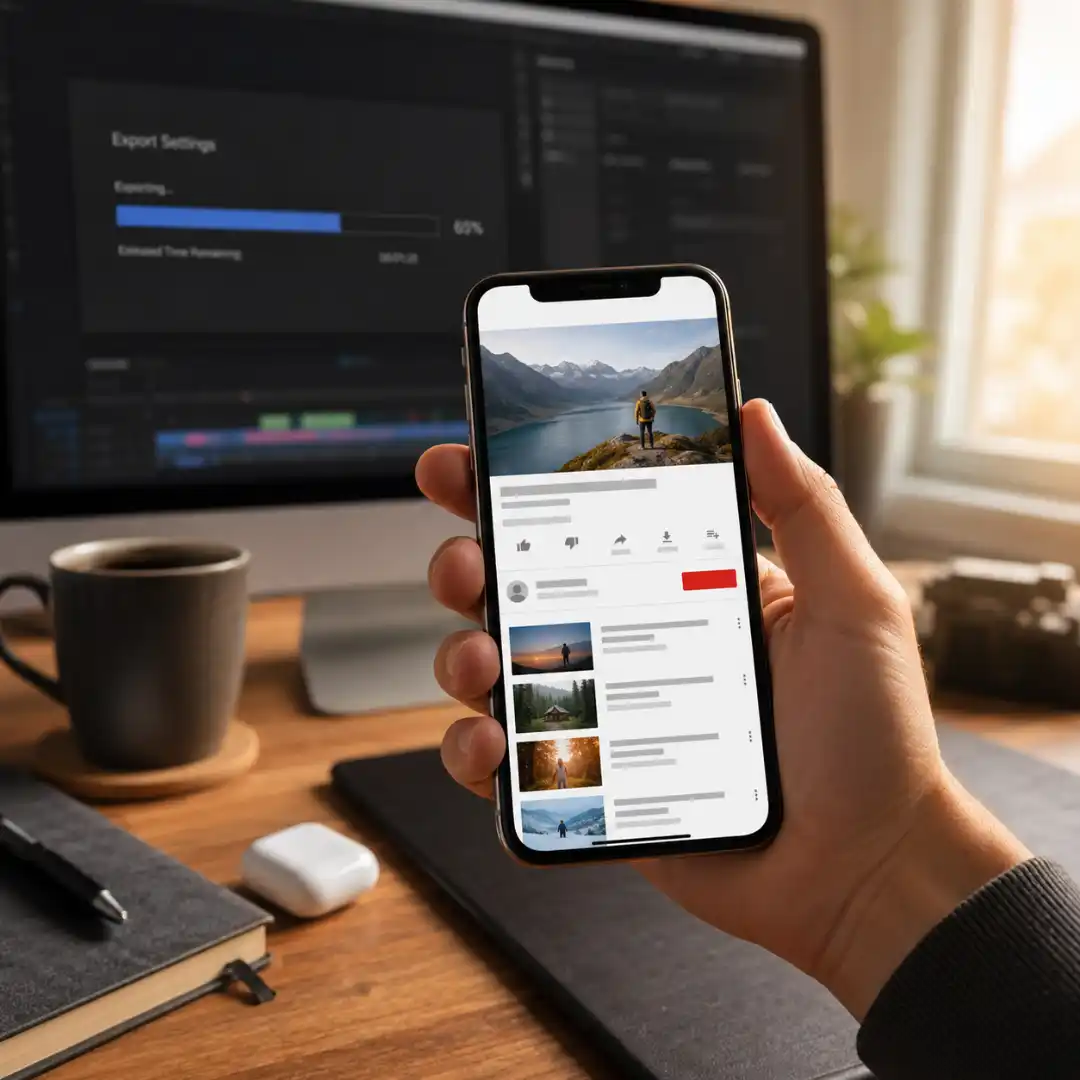A creator reviewing a YouTube video preview on an iPhone while Premiere Pro exports the final file on the desktop.