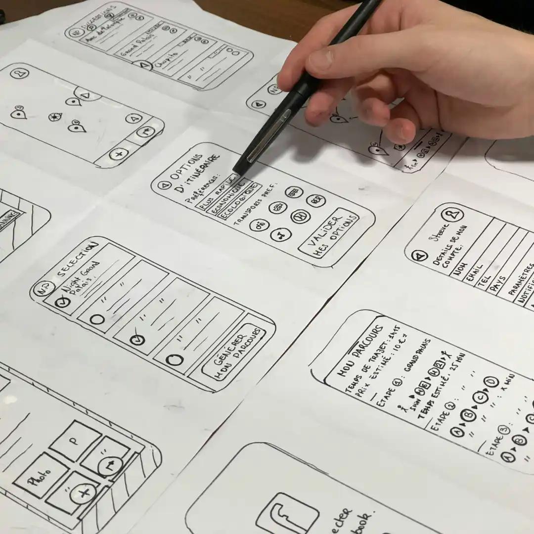 A Person Holding a Pen Showing Mobile Wireframes on Paper