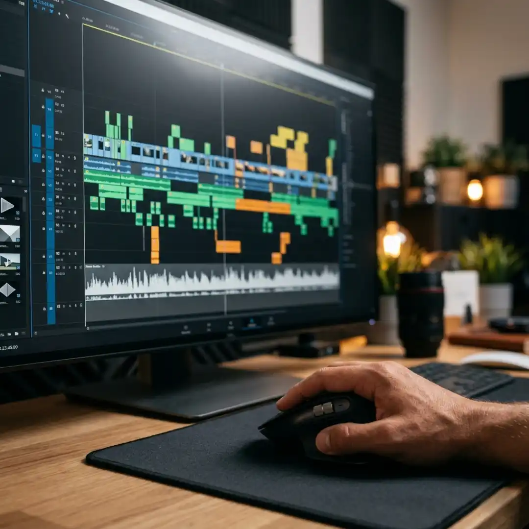 Editing timeline with layered AI B-roll clips in a video editor