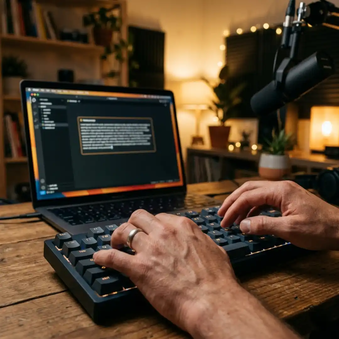 Creator writing a detailed AI B-roll prompt on a laptop