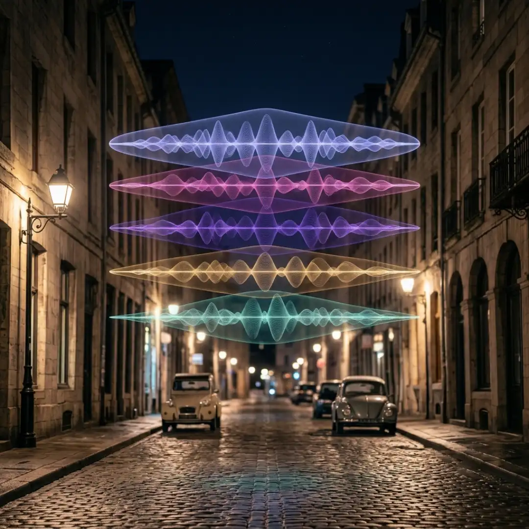 Stacked translucent sound layers over a night street representing ambience beds and specifics