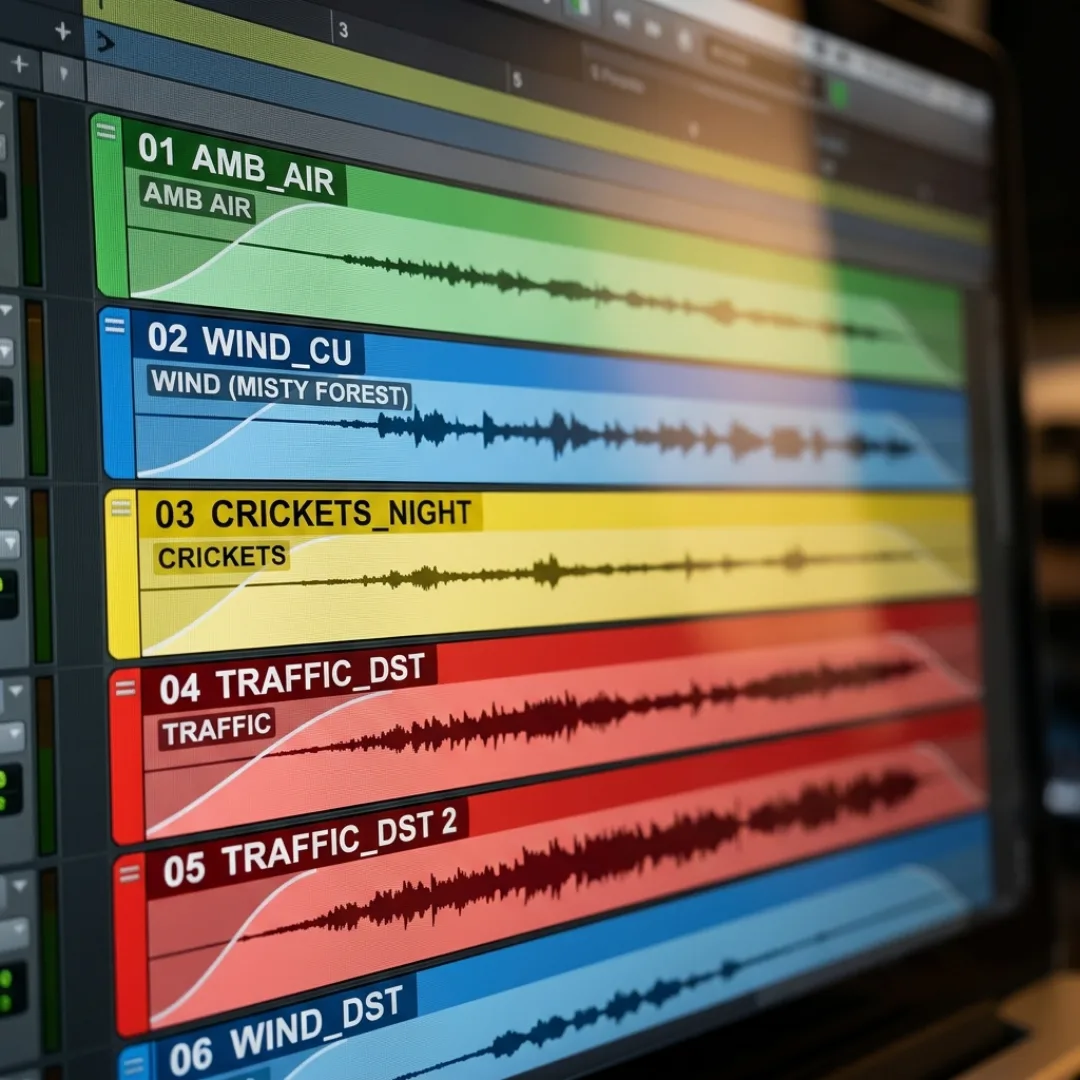 Audio workstation timeline with color-coded ambient background layers