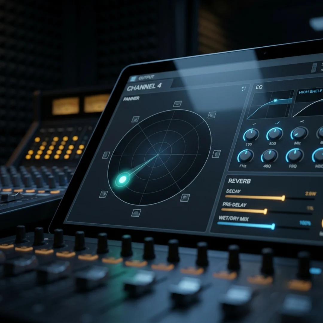 Surround sound panner and mixing controls used to place ambient layers in space