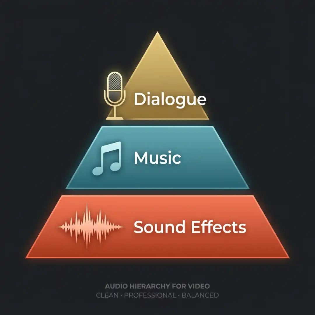 Audio hierarchy pyramid showing dialogue, music, and sound effects layers for video mixing
