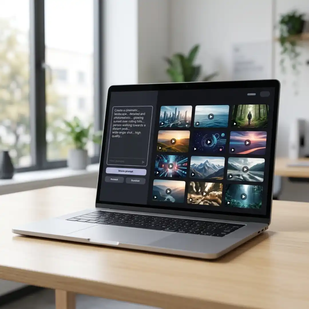 AI B-roll generator app showing a prompt box and generated clip thumbnails on a laptop