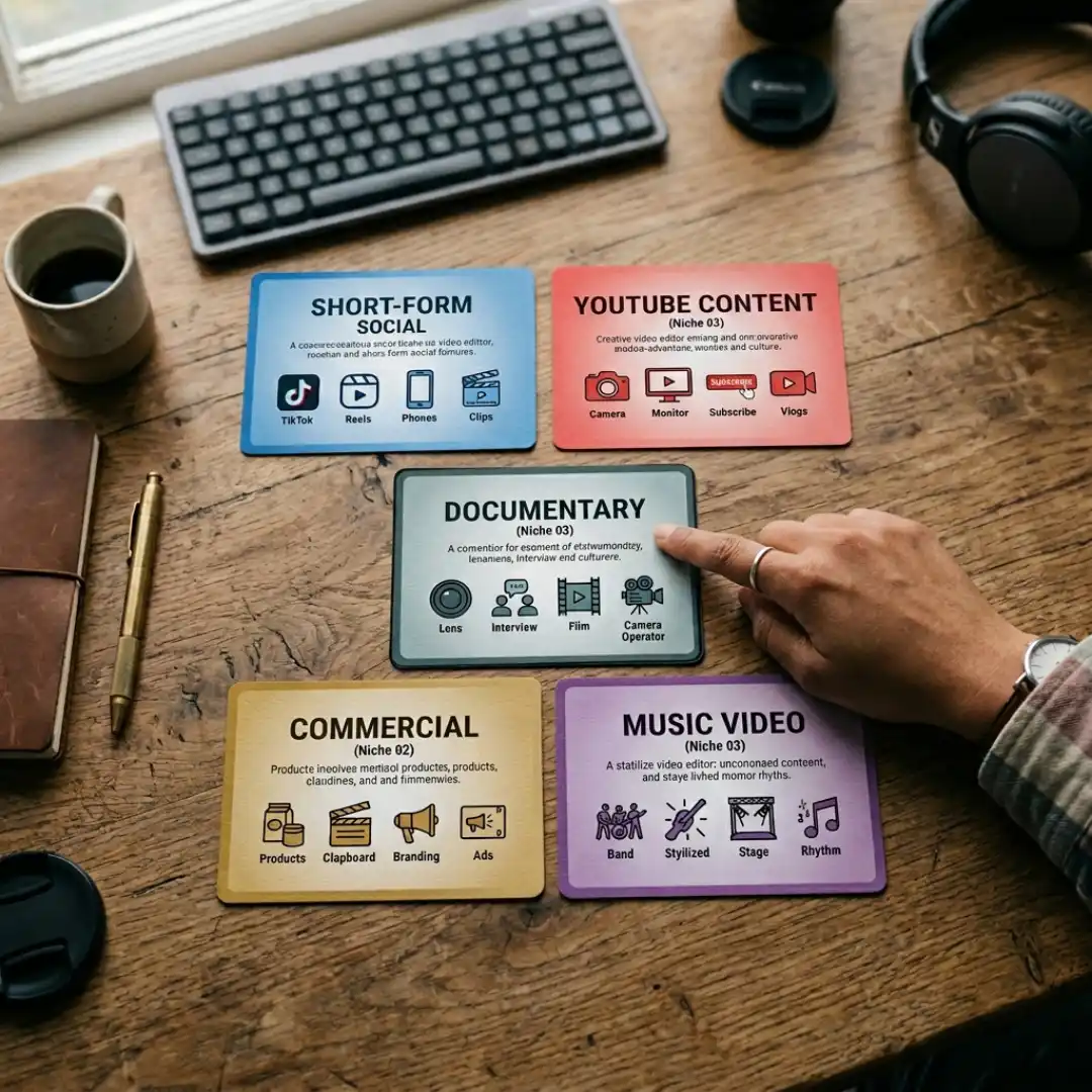 Video editor choosing a content niche from labeled style cards on a desk